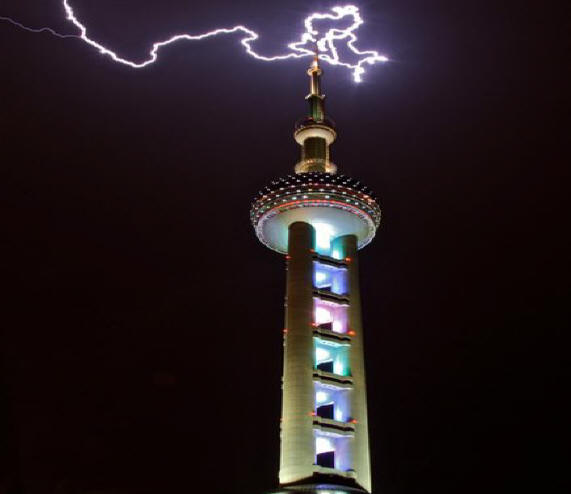 Description: Description: Photo: Lightning
                    striking the Oriental Pearl TV Tower in Shanghai,
                    China